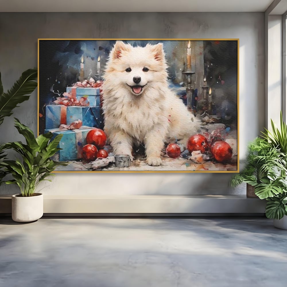 Tablou canvas cu tablou canvas cu catel samoyed, in rama de aluminiu auriu